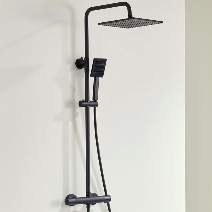 Auralum Duschsystem mit Verbrühschutz-Thermostat Armatur, Duscharmatur Komplettset Schwarz, 25x25cm