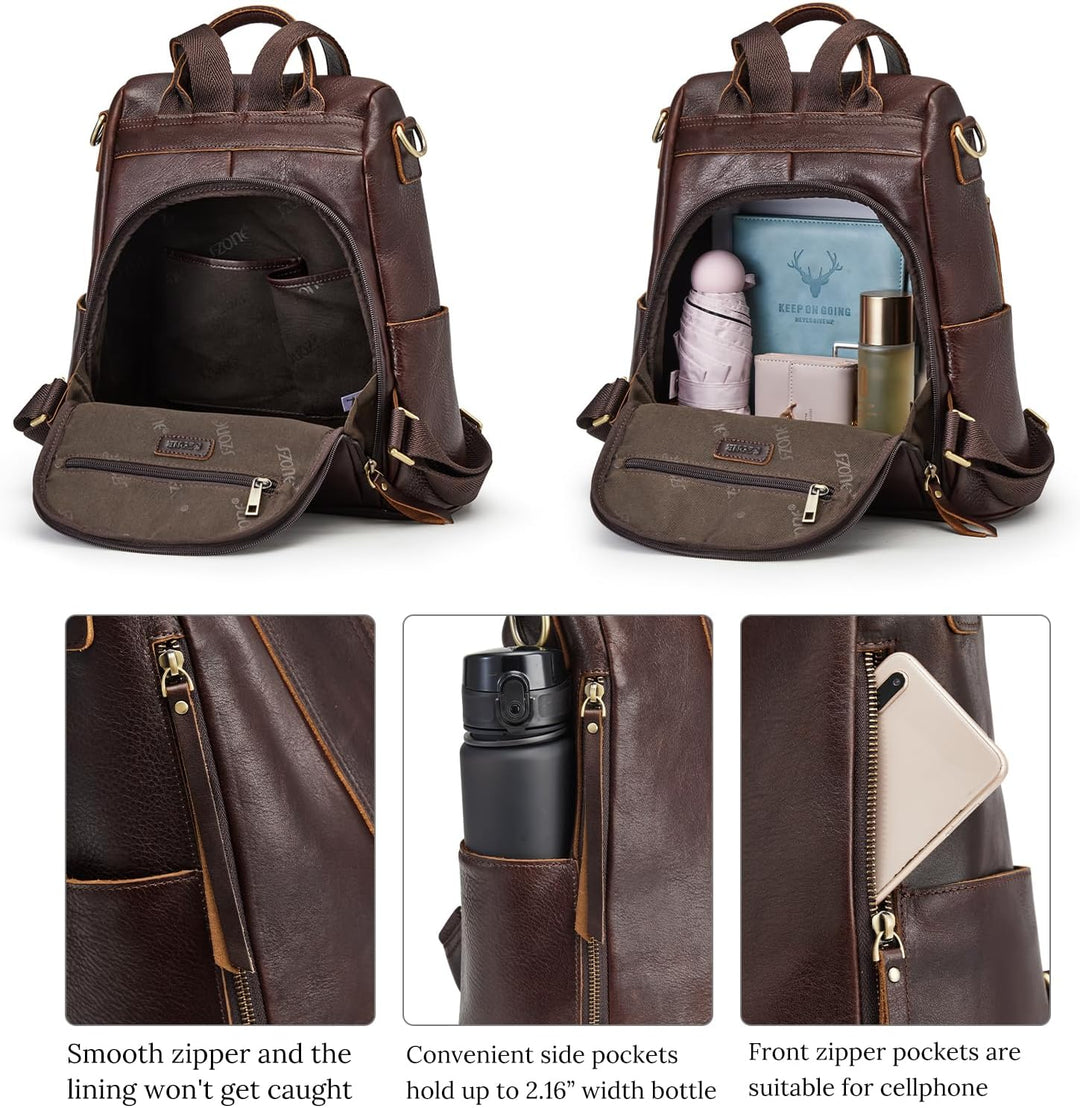 S-ZONE Damen Rucksack Wasserdicht Weiches Echtleder Anti Diebstahl Mode Schultasche Handtasche Casua