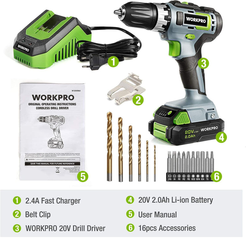 WORKPRO Akkuschrauber 18V/20V Akku-Bohrschrauber mit 16 Zubehör, Drehmoment 25NM und variable Drehza