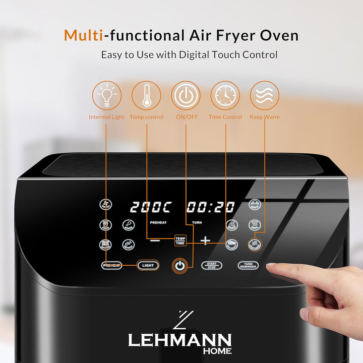 LEHMANN Heissluftfritteuse 8L, Airfryer mit Sichtfenster, Trenneinsatz für 2 Kammern, 12 Programmen,