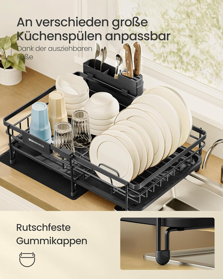 SONGMICS Abtropfgestell Geschirr, für kleine Räume, Geschirr-Abtropfständer ausziehbar, 360° drehbar