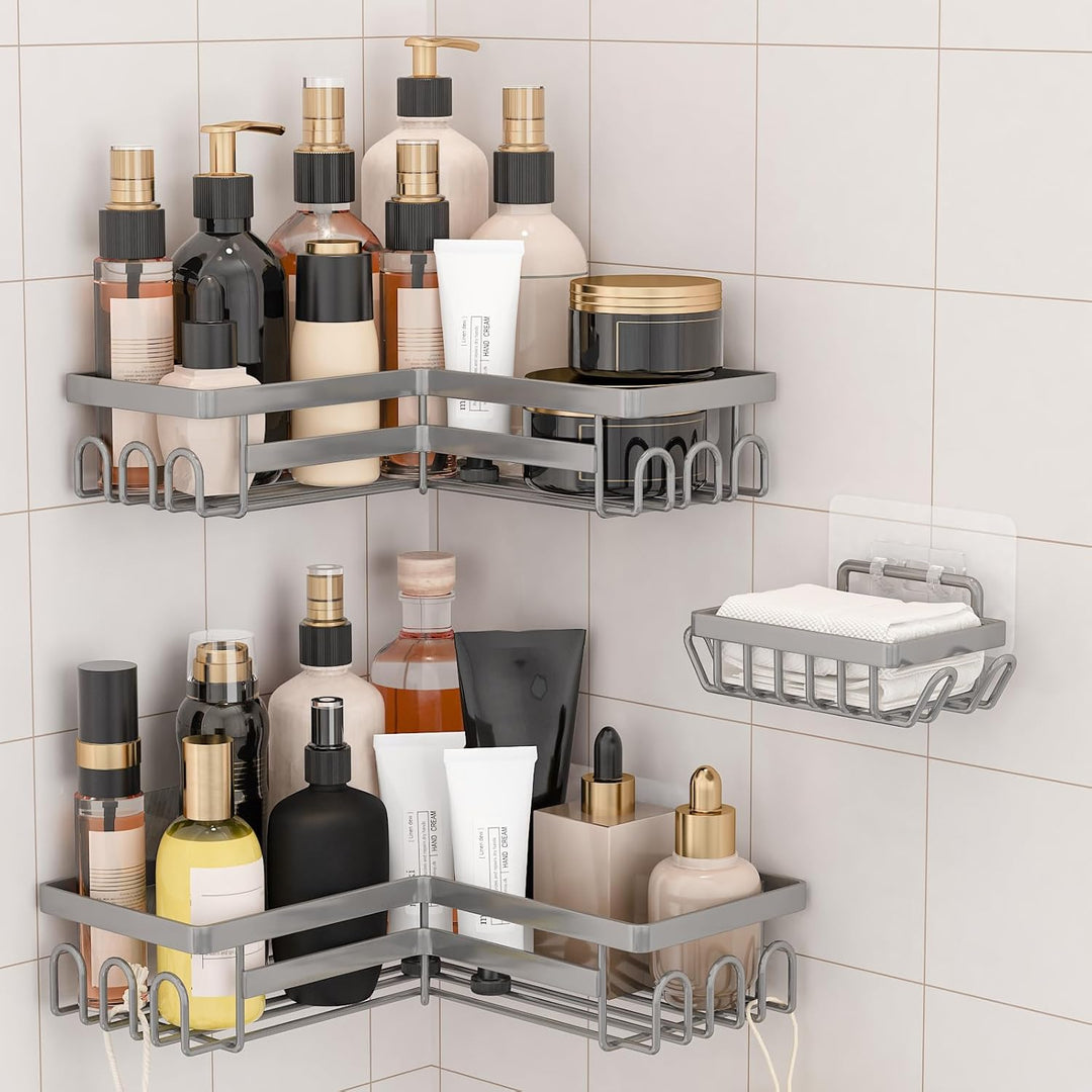 3 Stück Duschablage ohne Bohren, Duschablage Ecke mit Haken, Badezimmer Organizer, Shampoo Halterung