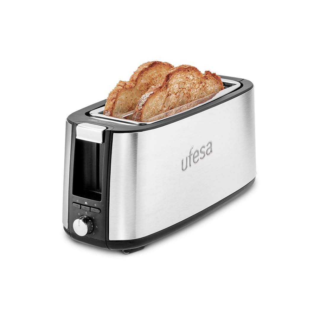 Ufesa Toaster Toastie Duo Plus 1400W aus Edelstahl, 2 Lange Schlitze, 7 Leistungsstufen, Funktionen