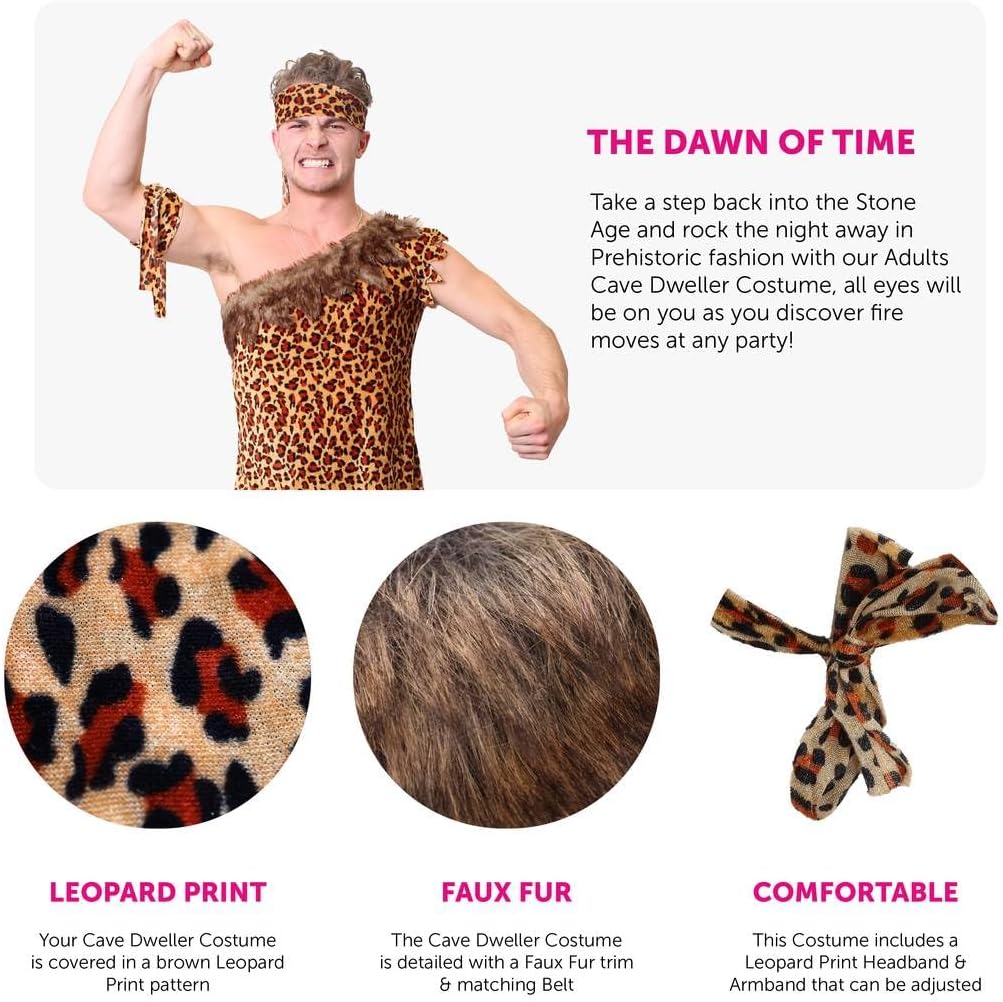 PAARE CAVEMAN &amp; HÖHLENFRAU-KOSTÜM, AUFBLASBAR, CLUB LEOPARD PRINT KLEID, GÜRTEL, HAARREIF, ARMBAND F