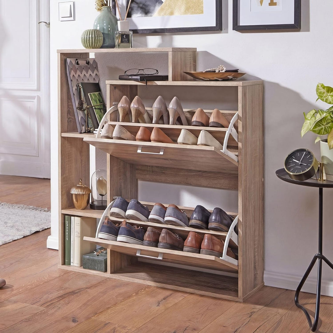 FineBuy Moderner Schuhkipper MASSA Holz 2 Fächer Sonoma Eiche 12 Paar Schuhe, Schuhschrank 85 x 24 x