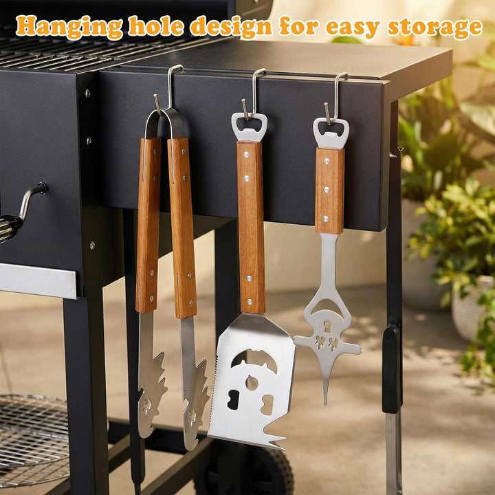 Grillbesteck Set Edelstahl 3-TLG, Grillzange mit Holzgriff Personalisierte, Fleischgabel und Grillwe