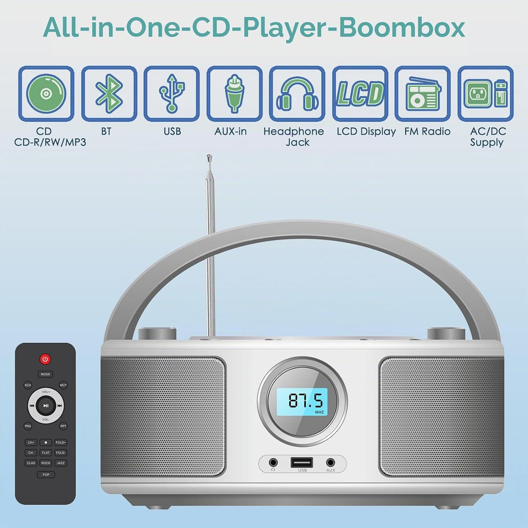 WISCENT Tragbares CD Radio (CD-Player, Boomboxen, UKW Radio, USB, Kopfhöreranschluss, AUX-In),CD Spi