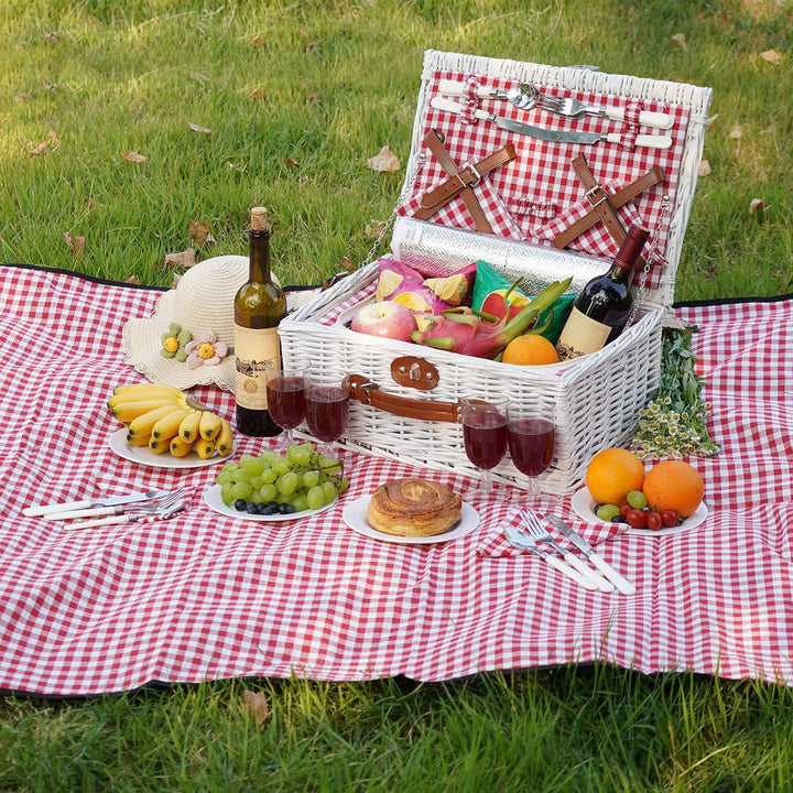 Picknick-Kühlkorb-Set für 4 Personen mit grosser wasserdichter Picknickdecke, isoliertem Fach und Be