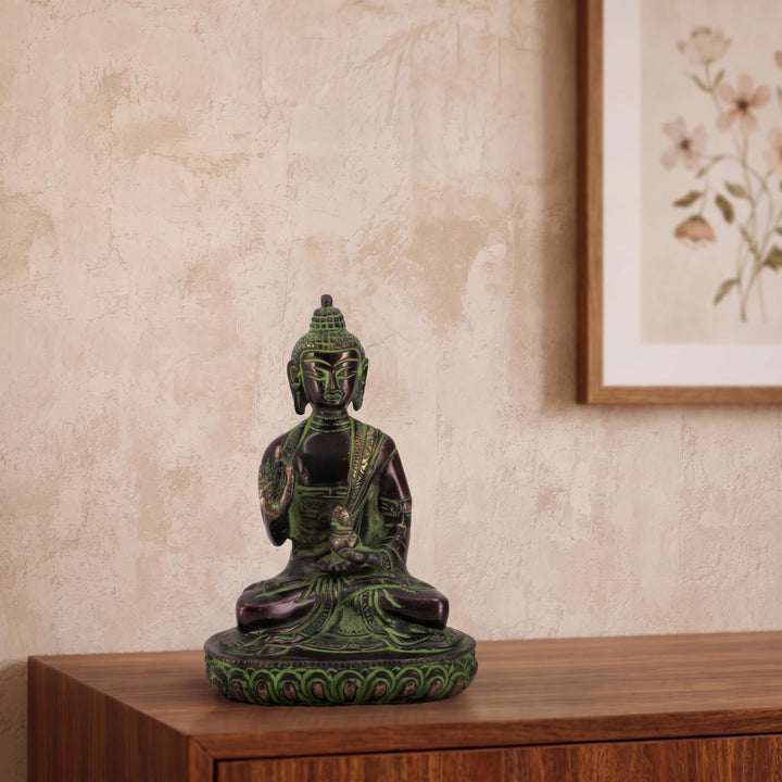 GURU SHOP Buddha Statue aus Messing Amoghasiddhi Buddha 14 cm - Modell 13, Grün, Buddhas, Modell 13