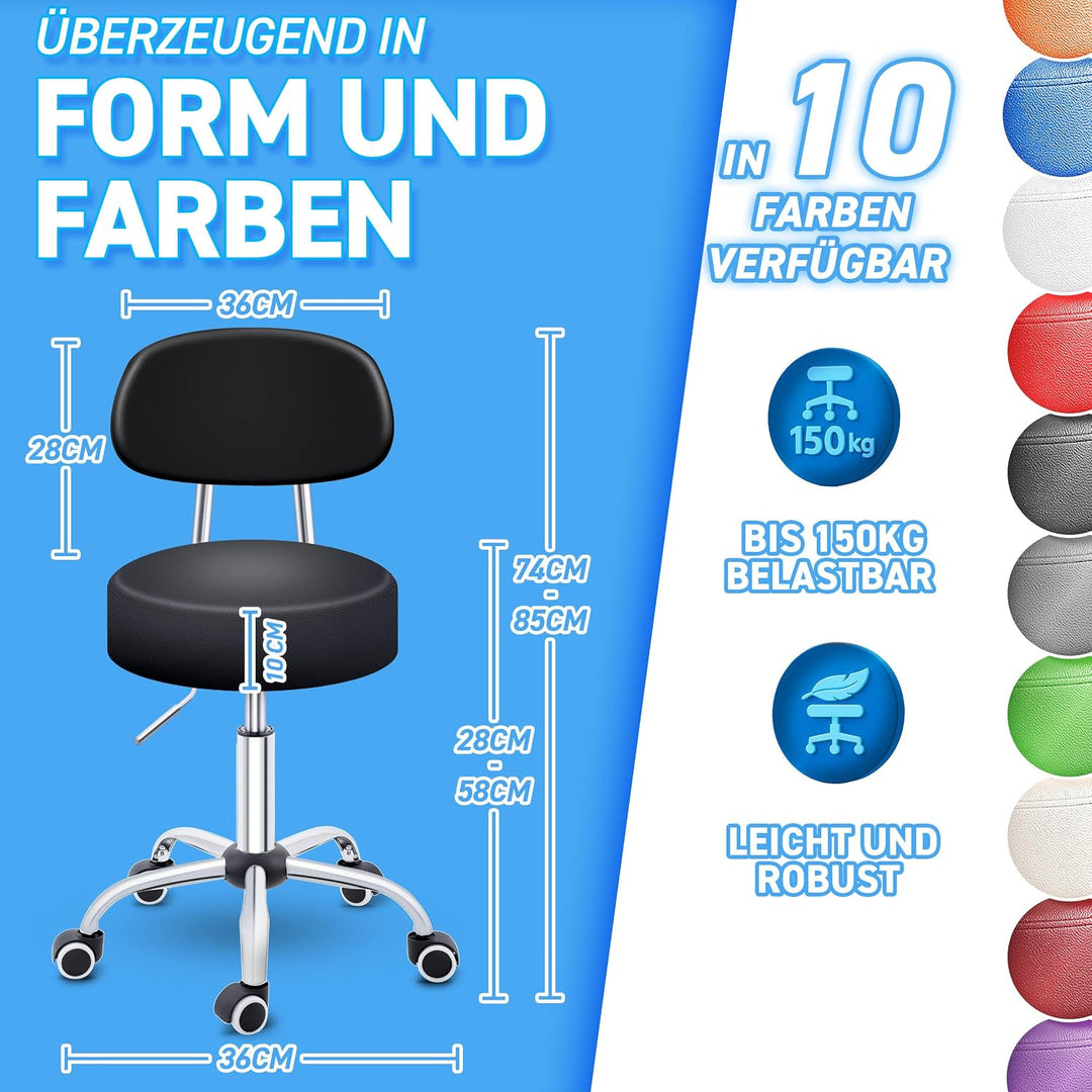 TRESKO® Rollhocker mit Lehne Schwarz | Arbeitshocker höhenverstellbar 46-58 cm | Drehhocker mit Roll