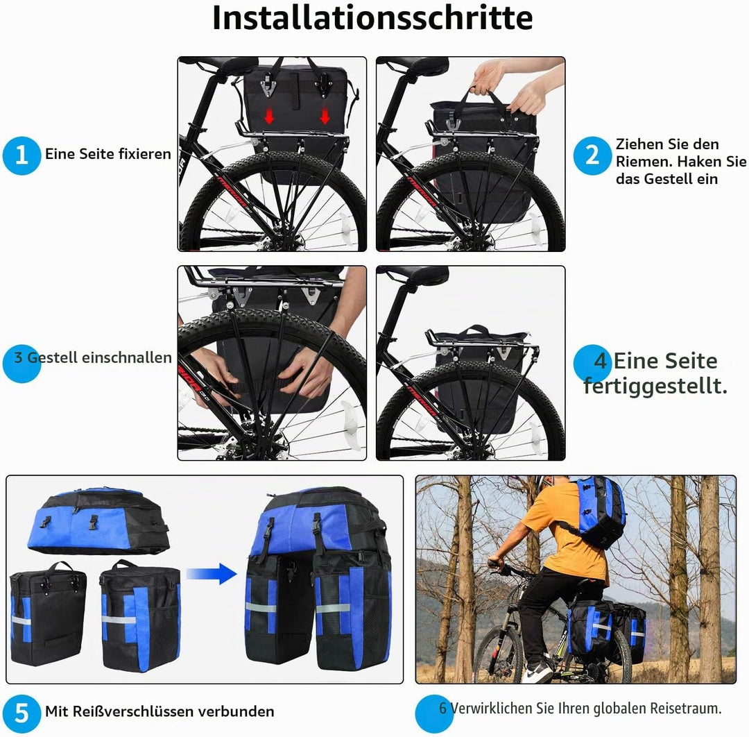 PELLOR Fahrrad Gepäcktaschen, 3 in 1 Multifunction 70L Gepäckträger Tasche Reissfest Gross Fahrradta