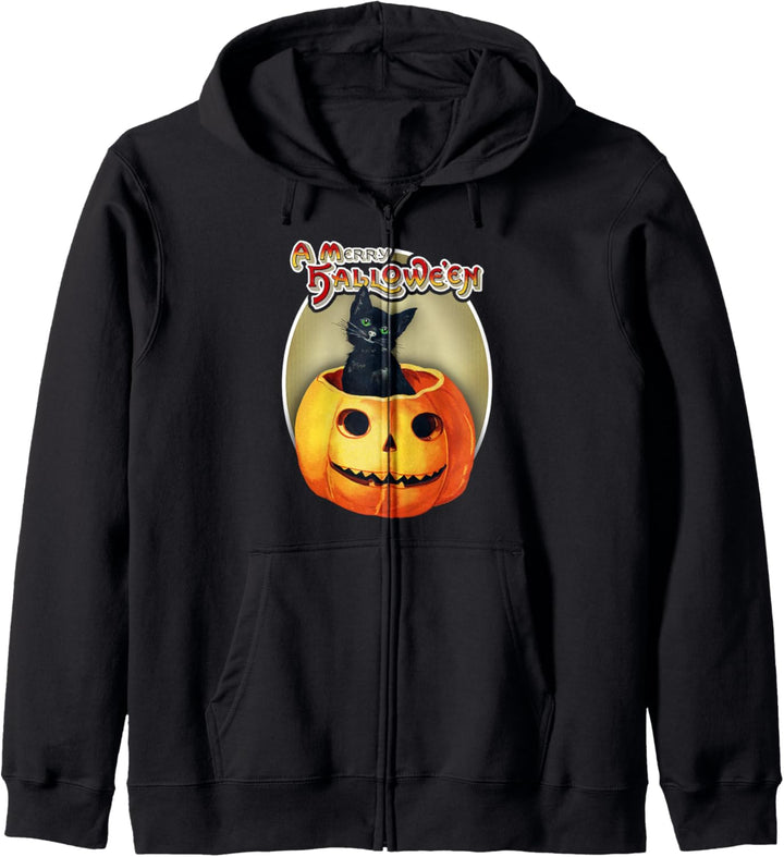 Vintage Halloween Ephemera Cat In Pumpkin A Merry Halloween Kapuzenjacke
