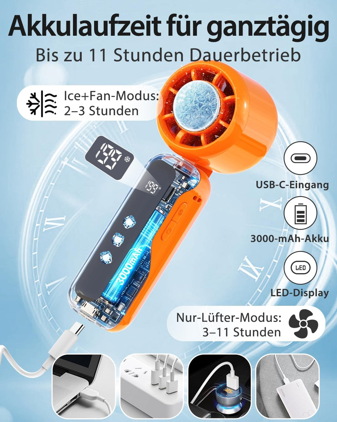 Tragbarer Turbo Handventilator mit Ice-Cooling, USB-C aufladbar,90° klappbar,1–199 Geschwindigkeitss