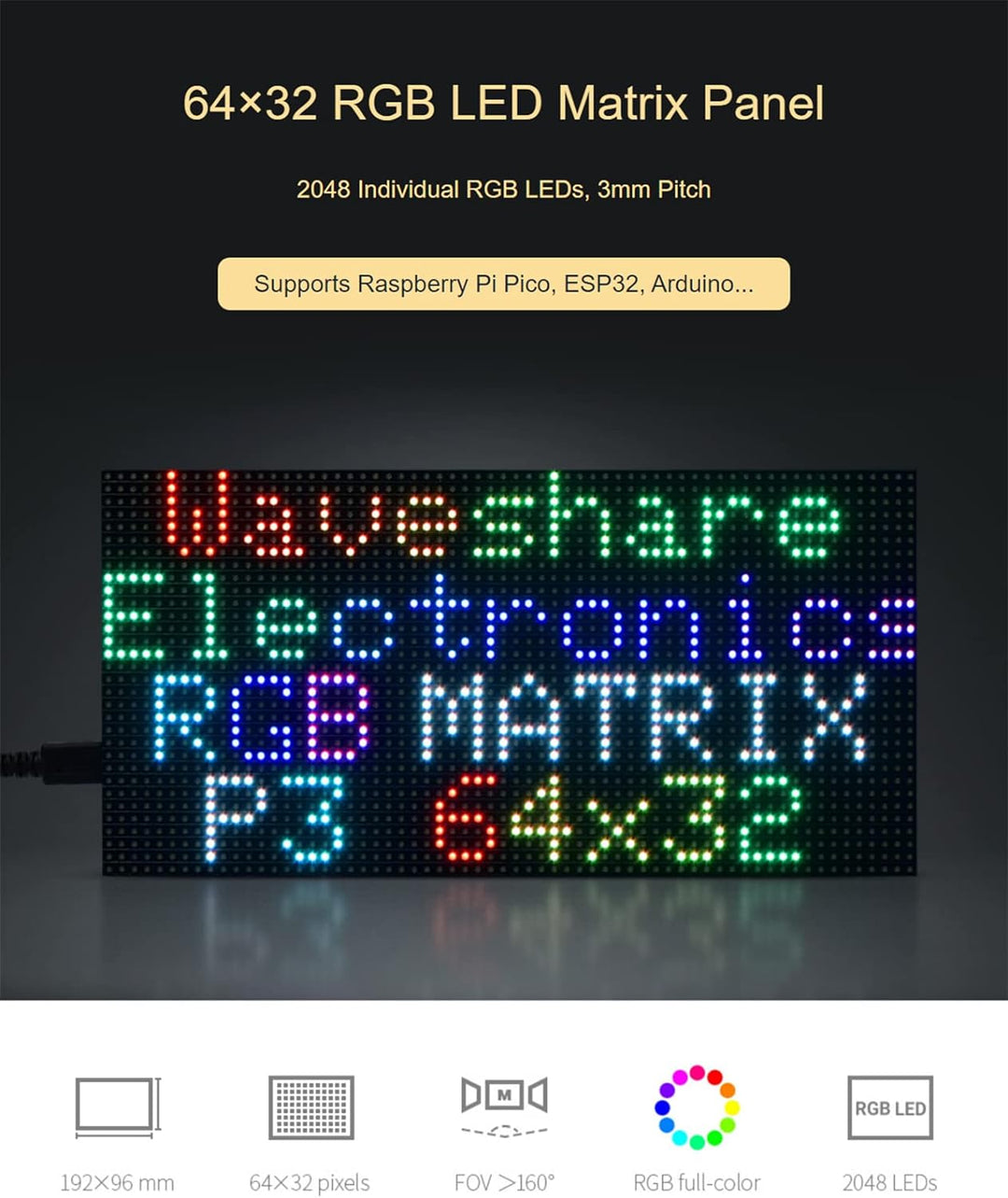 Waveshare 64×32 RGB LED Matrix Panel, 3mm Pitch, 2048 Einzelne RGB LEDs, Nackter Bildschirm, for Ras