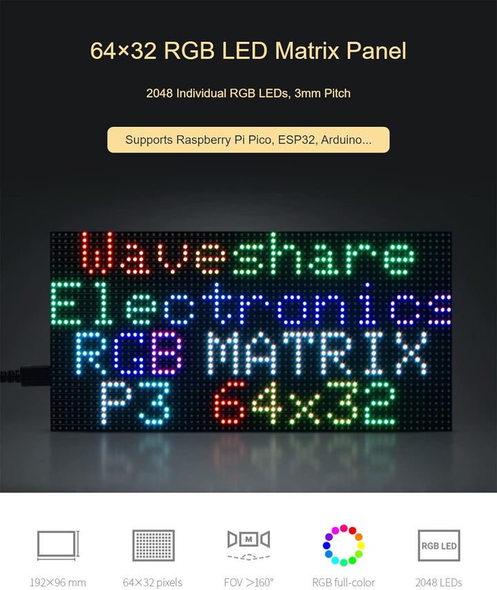 Waveshare 64×32 RGB LED Matrix Panel, 3mm Pitch, 2048 Einzelne RGB LEDs, Nackter Bildschirm, for Ras