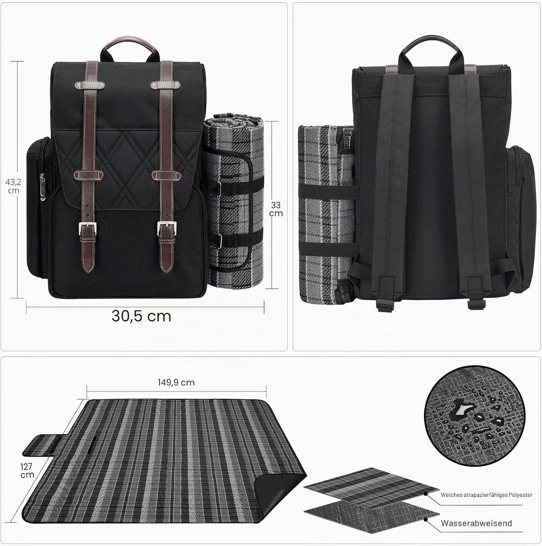 Picknick-Rucksack für 4 Personen mit grosser isolierter Kühltasche, Picknickkorb-Set mit Weinbeutel,