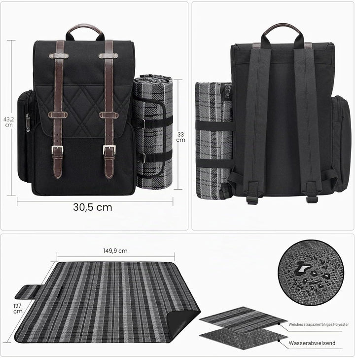 Picknick-Rucksack für 4 Personen mit grosser isolierter Kühltasche, Picknickkorb-Set mit Weinbeutel,