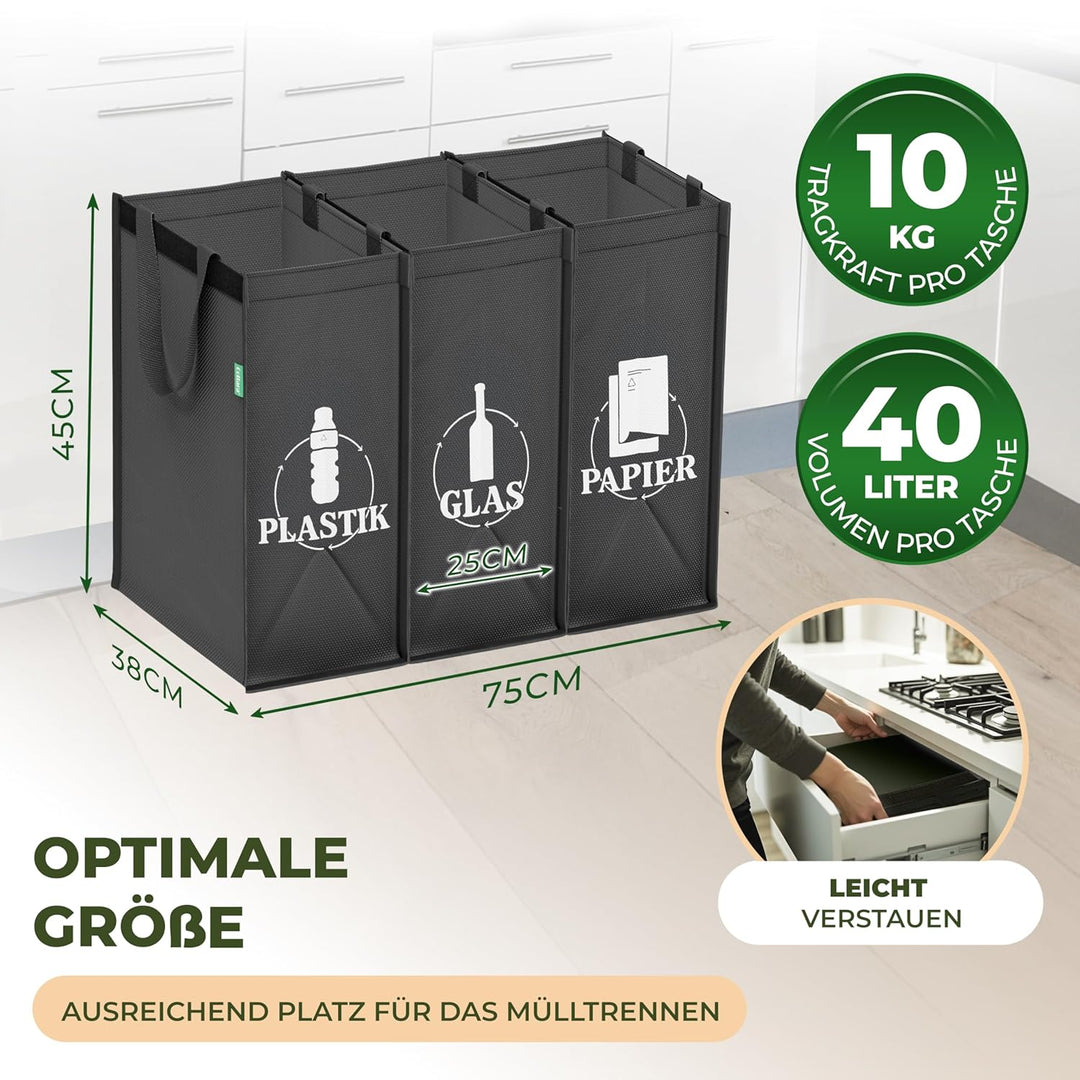 COTTARA® Mülltrennsystem 3fach Plastik, Glas, Papier | Stabiler Stand 4 x Stabilisatoren | Perfekt a