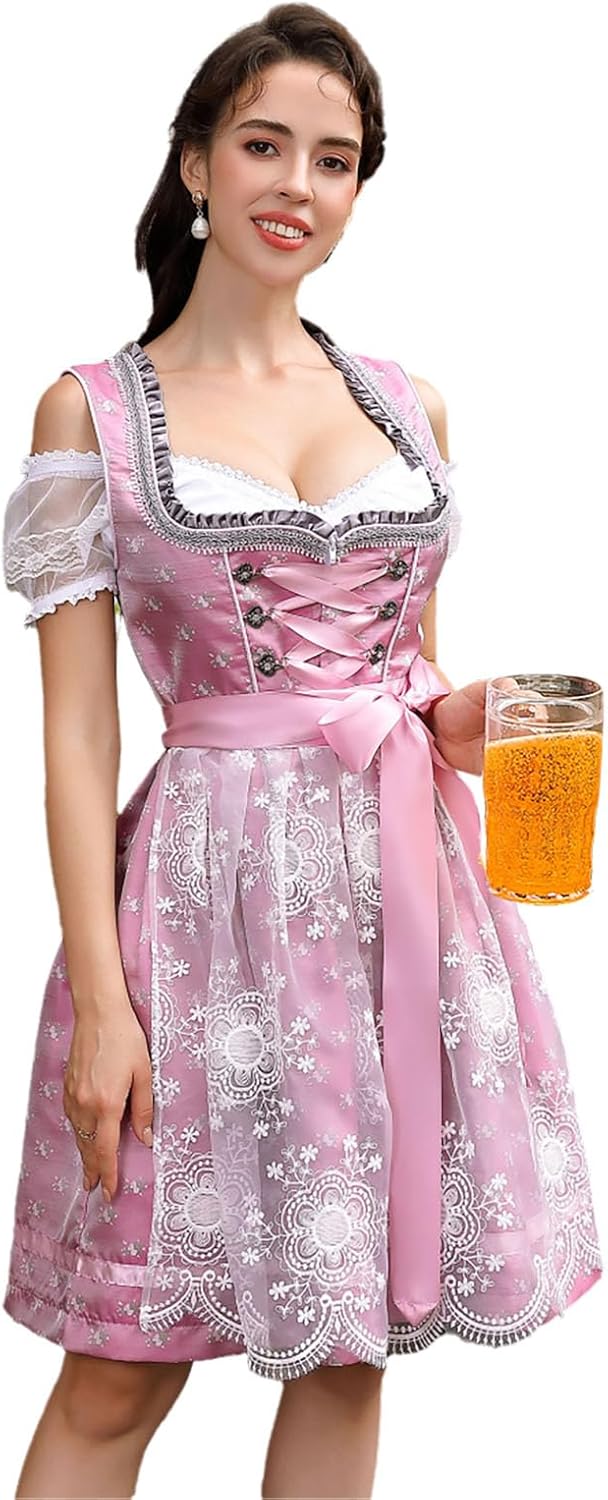 Clearlove Dirndl Damen Midi Trachtenkleid 3tlg mit Schürze und Bluse Trachtenmode Kleid für Oktoberf