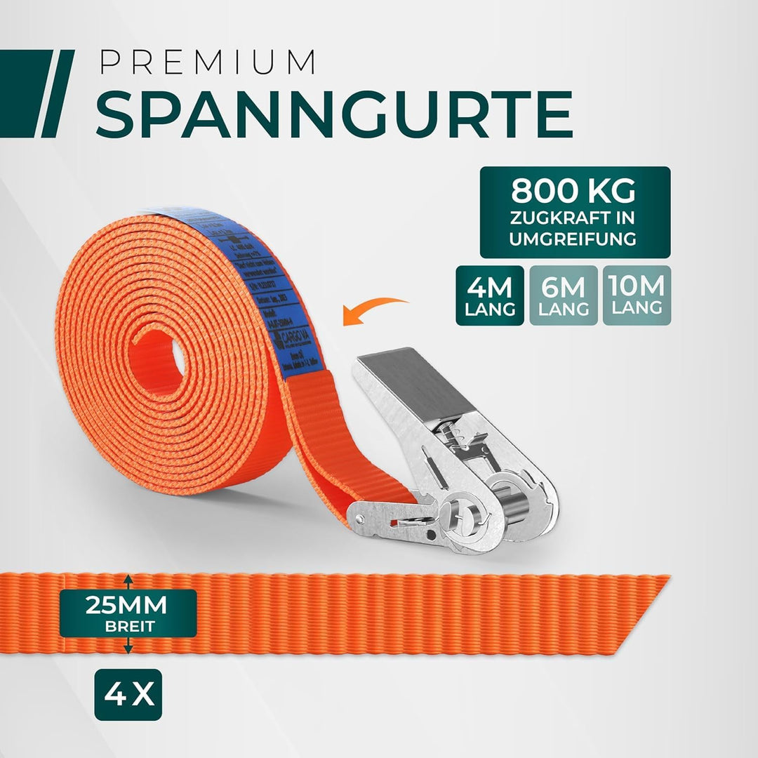CargoVA® Robuste 800kg Spanngurte [4er Set] - TÜV/GS Zertifiziert & DIN - Vielseitig Einsetzbar - 25