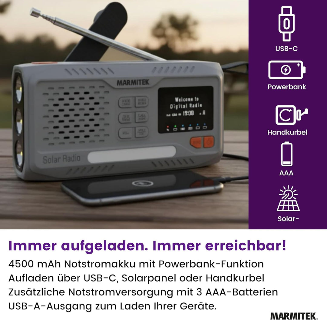 Notfallradio Marmitek RESQ 100 – Zuverlässige Kurbelradio mit DAB+ und Solar – Powerbank 4500 mAh &