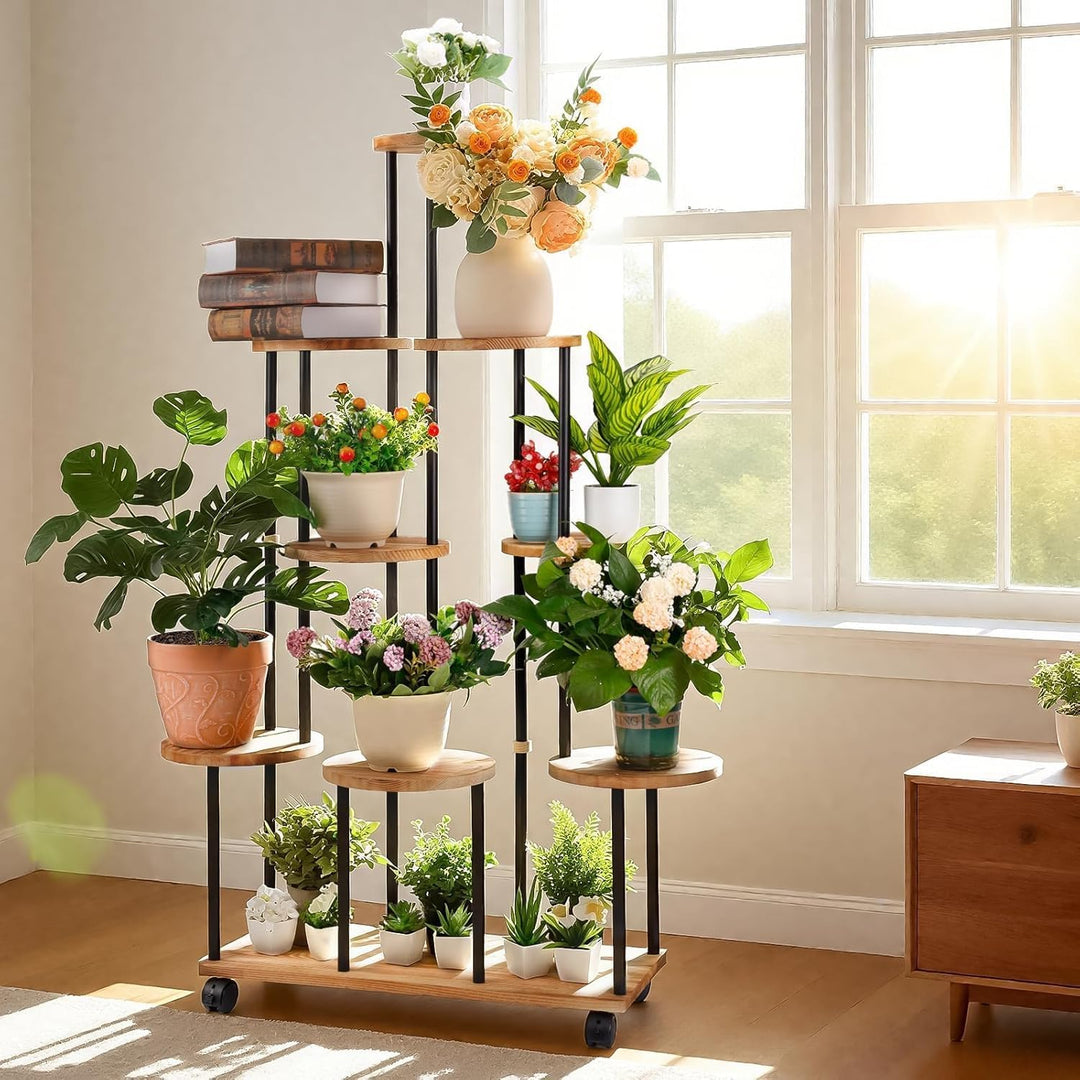 Blumenständer mit Rollen 9 Etagen Pflanzenregal Holz Pflanzentreppe Hoch Blumentreppen Metall Blumen