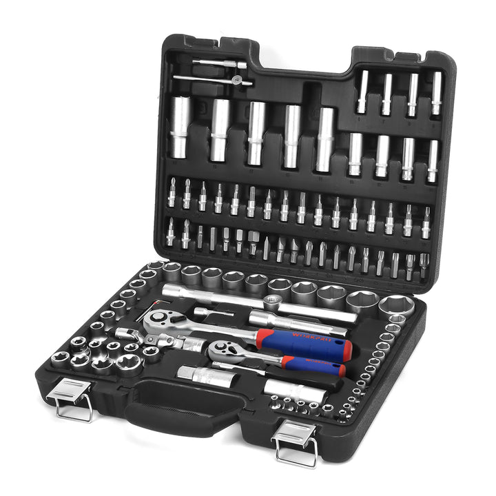 WORKPRO Steckschlüsselsatz 108-teilig, Knarrenkasten Ratschenkasten für Auto, mit 1/4" und 1/2" Umsc