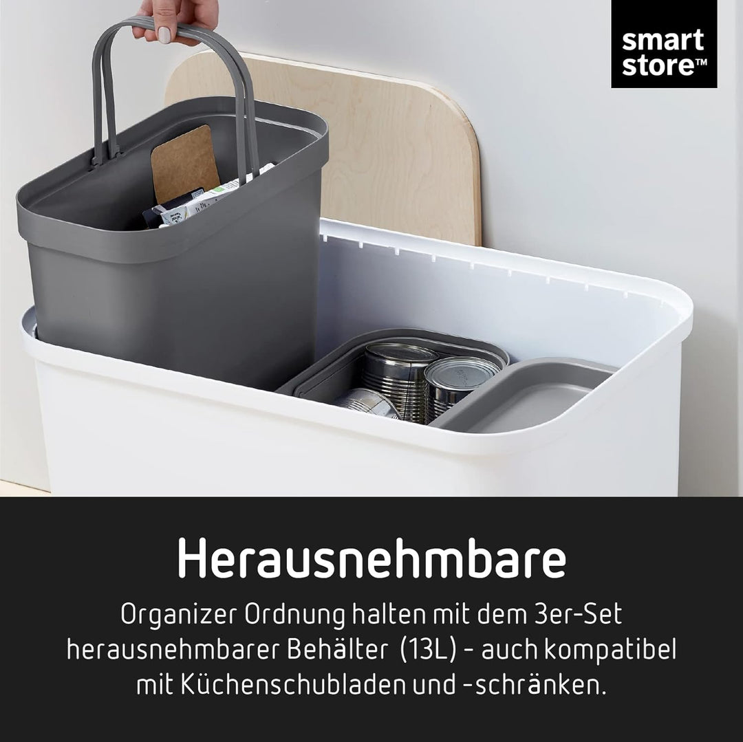 SmartStore Recycling-Mülleimer – 76 l grosser Küchenabfalleimer mit Holzdeckel, 3 x 13 l Eimereinsät