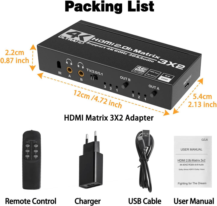 HDMI Matrix 3x2 - Tendak 4K@60Hz HDMI Switch Matrix 3 In 2 Out HDMI Umschalter + Optisch Spdif & 3,5