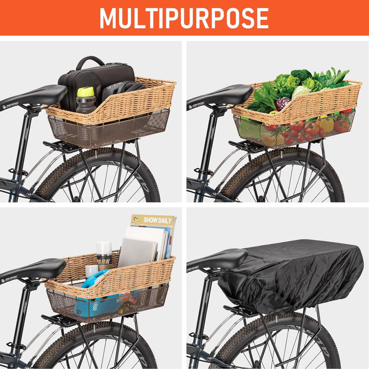 Fahrradkorb Hinten gross,25L Weave fahrradkörbe mitTragkraft bis 20 kg, Sockel aus Metall Schultasch