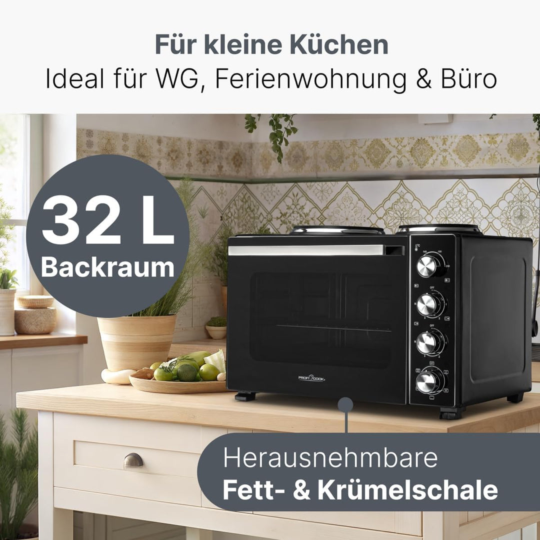 ProfiCook Minibackofen mit Kochplatten und Drehspiess | 32L | Umluft, Oberhitze, Unterhitze, Drehspi