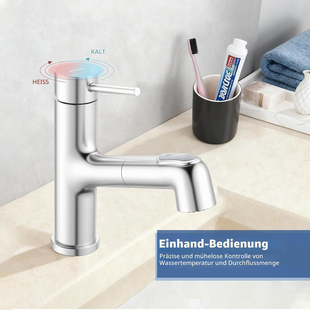 HURRAN Ausziehbare Wasserhahn Bad, Einhebelmischer für Waschbecken, Niedrig Waschtischarmatur mit 2