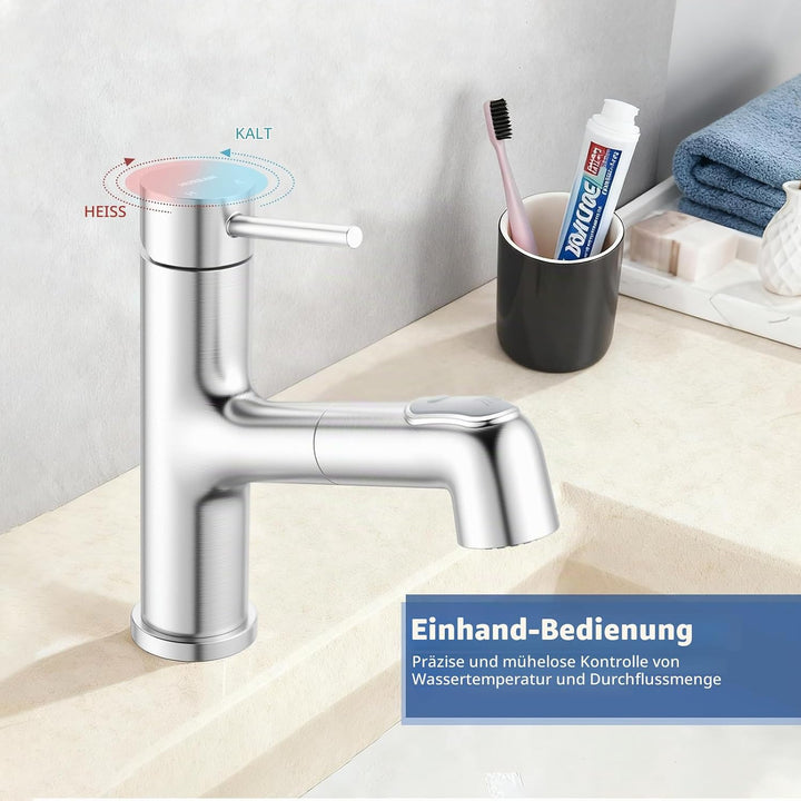 HURRAN Ausziehbare Wasserhahn Bad, Einhebelmischer für Waschbecken, Niedrig Waschtischarmatur mit 2