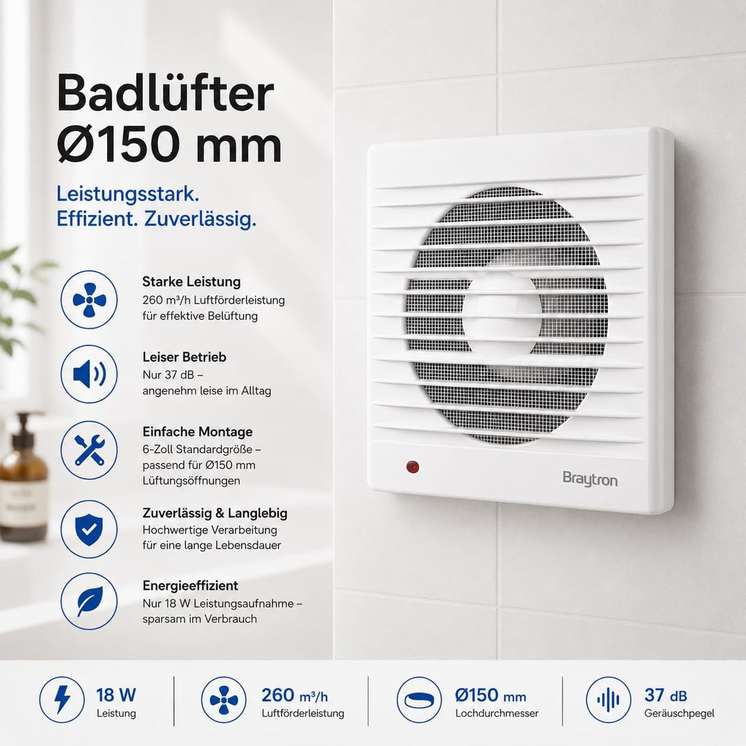 Braytron Badlüfter Wandlüfter WC Küche Ventilator Lüfter Ø150mm Leise 37dB Leistungsstark 260 m³/h E