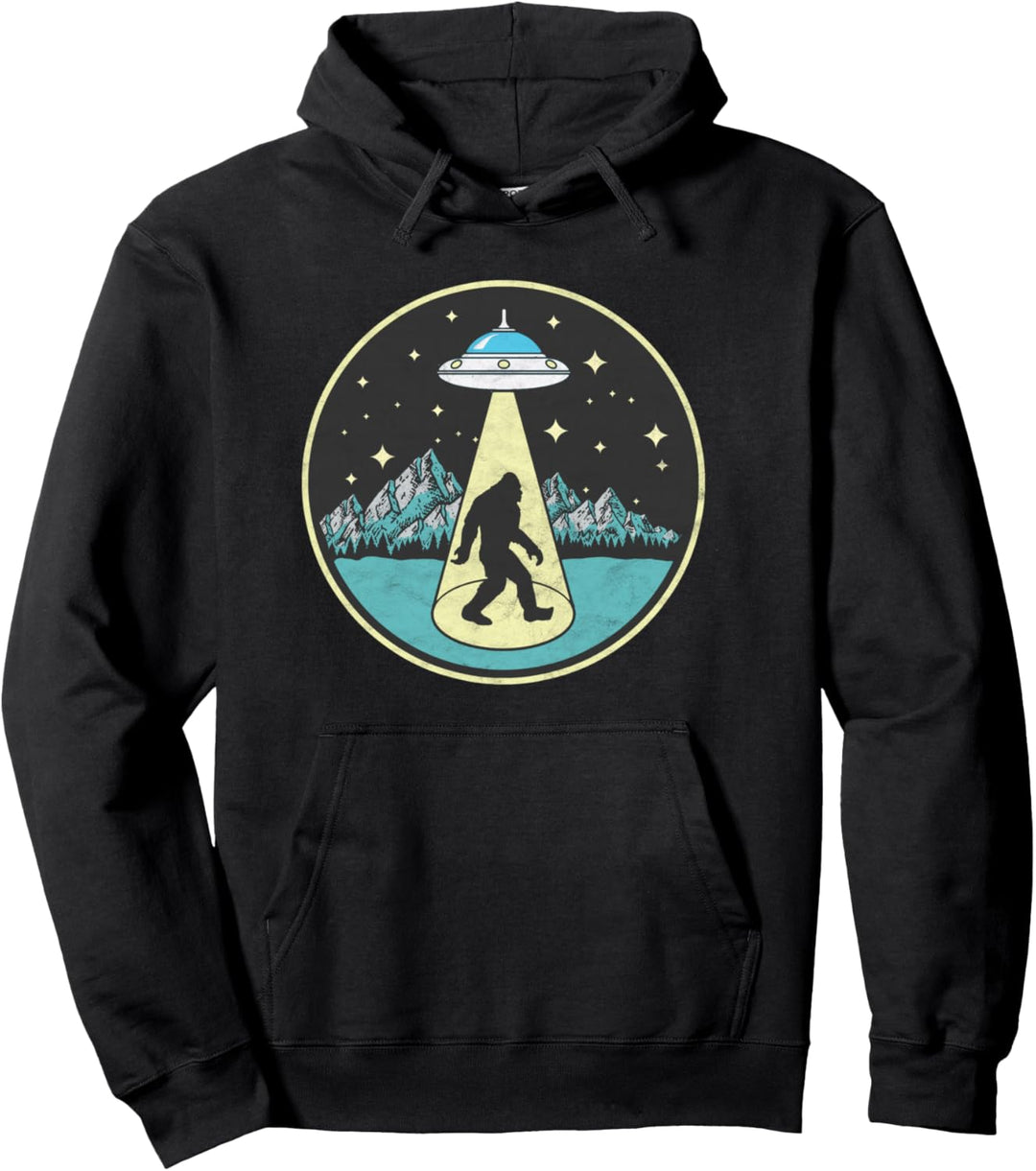 Bigfoot Abduction! Vintage Sasquatch & UFO Alien Graphic Pullover Hoodie