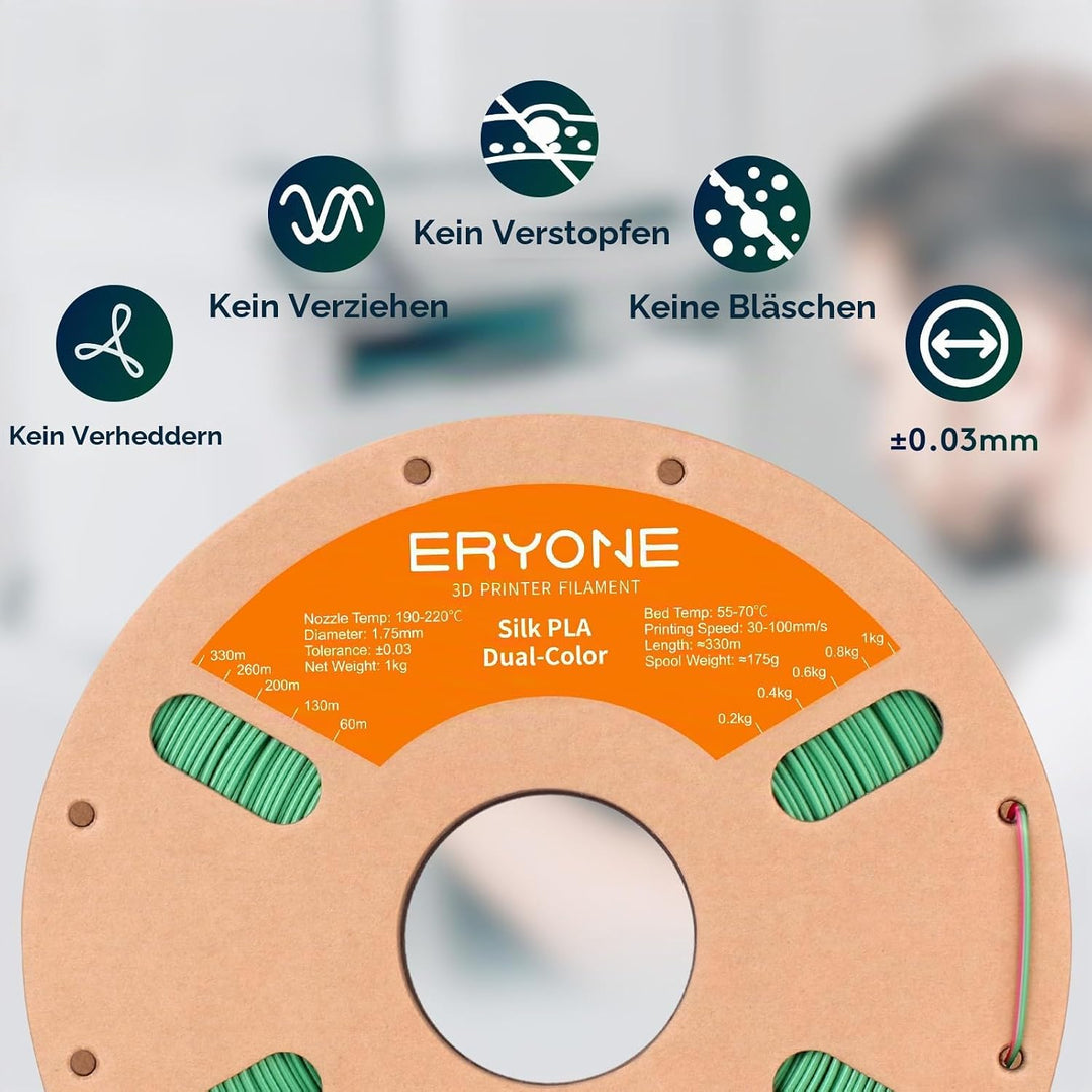 ERYONE Dual Zweifarbig PLA Filament 1.75mm, 3D Drucker Filament 1kg Spule +/- 0,02 mm, Rote und Grün