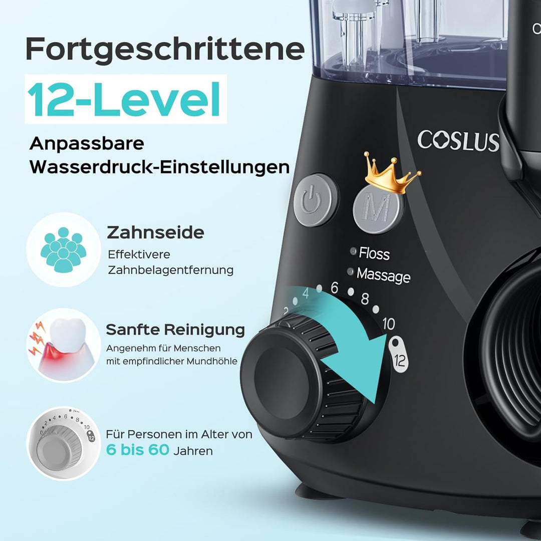 COSLUS E2 Munddusche Elektrisch Professional Zähne: 2 Modi & 12 Druckstufen –600ml Wassertank Zahndu