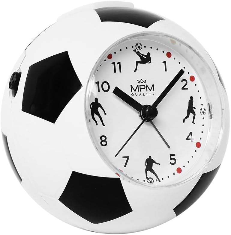 MPM Quality Design Kinder Wecker aus Kunststoff, Fussball Form und Motiv, Weiss/Schwarz, Quarz-Sweep