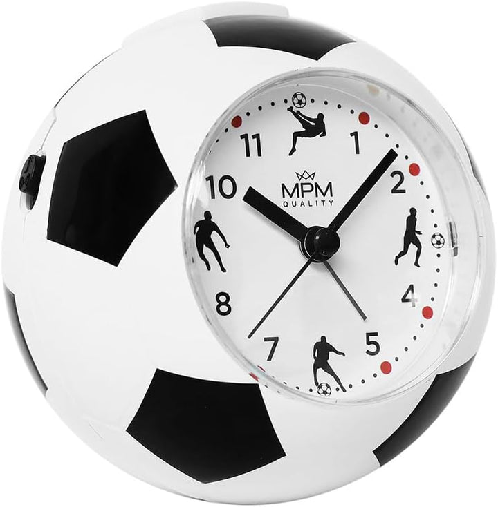 MPM Quality Design Kinder Wecker aus Kunststoff, Fussball Form und Motiv, Weiss/Schwarz, Quarz-Sweep