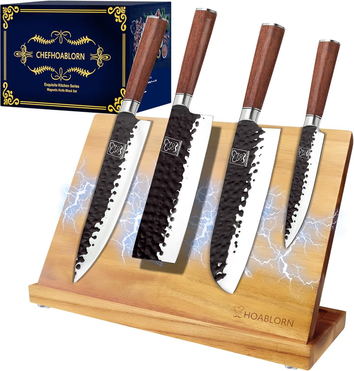 Magnetisches Messerblock-Set Kitchen Messerset 4PCS Deutsche Edelstahl-Küchenmesser gehämmerte Schmi