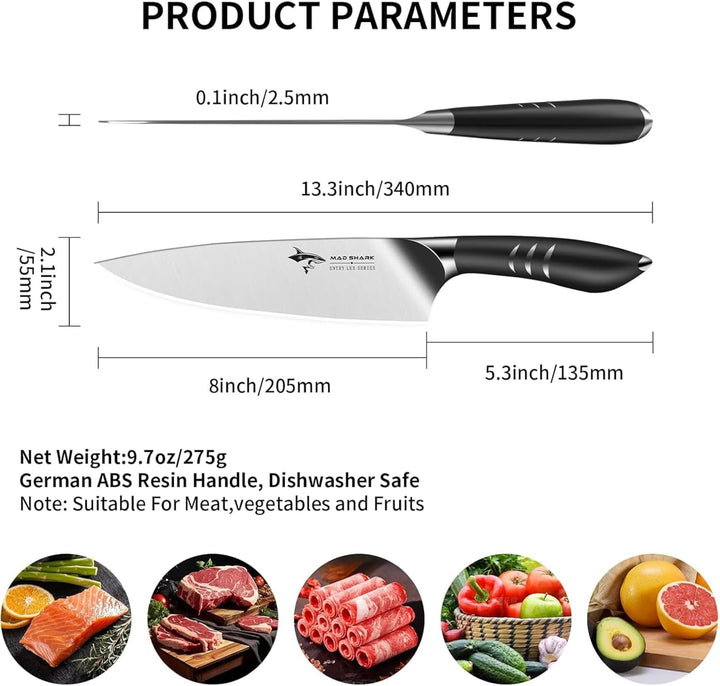 MAD SHARK Kochmesser 20 cm Küchenmesser aus rostfreiem Hochkohlensoffstahl – Profi Kochmesser mit er