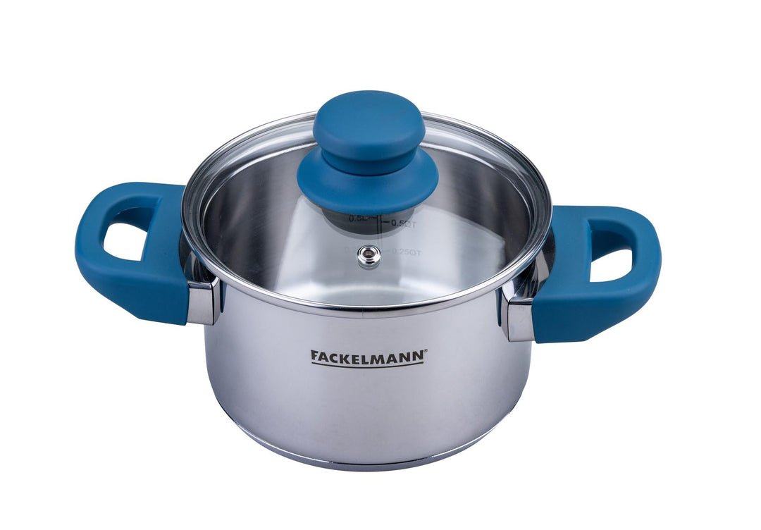 FACKELMANN Kochtopf Essential Ø 14 cm aus Edelstahl, dunkelblaue Bakelit-Griffe, energiesparender Ka