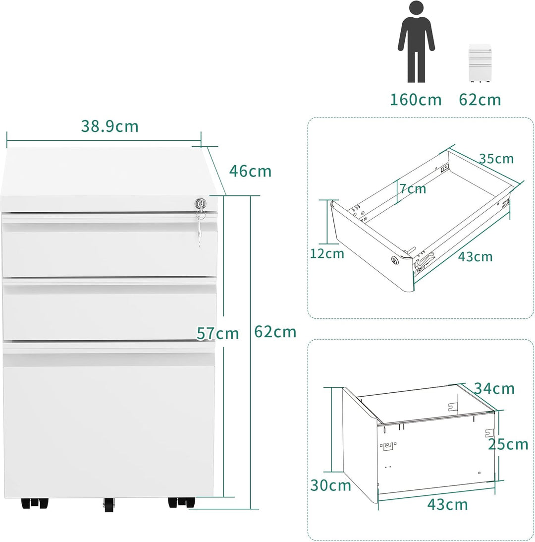 YITAHOME Mobiler Aktenschrank, Abschliessbar Rollcontainer mit 3 Schubladen für A4, Legal, Letter, M