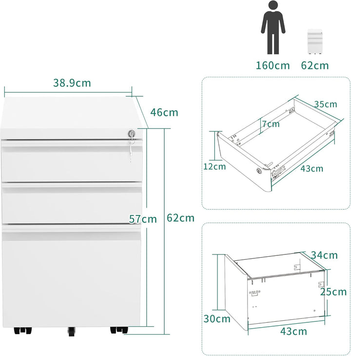 YITAHOME Mobiler Aktenschrank, Abschliessbar Rollcontainer mit 3 Schubladen für A4, Legal, Letter, M