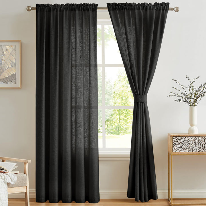 Melodieux Vorhänge Schwarz Transparent Leinen Optik Voile Gardinen für Wohnzimmer Schlafzimmer, 2er