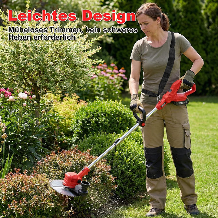 21V Rasentrimmer mit 2×2000mAh Akku und Ladegerät, Akku Freischneider mit 14-Fach Schneidsystem, LCD
