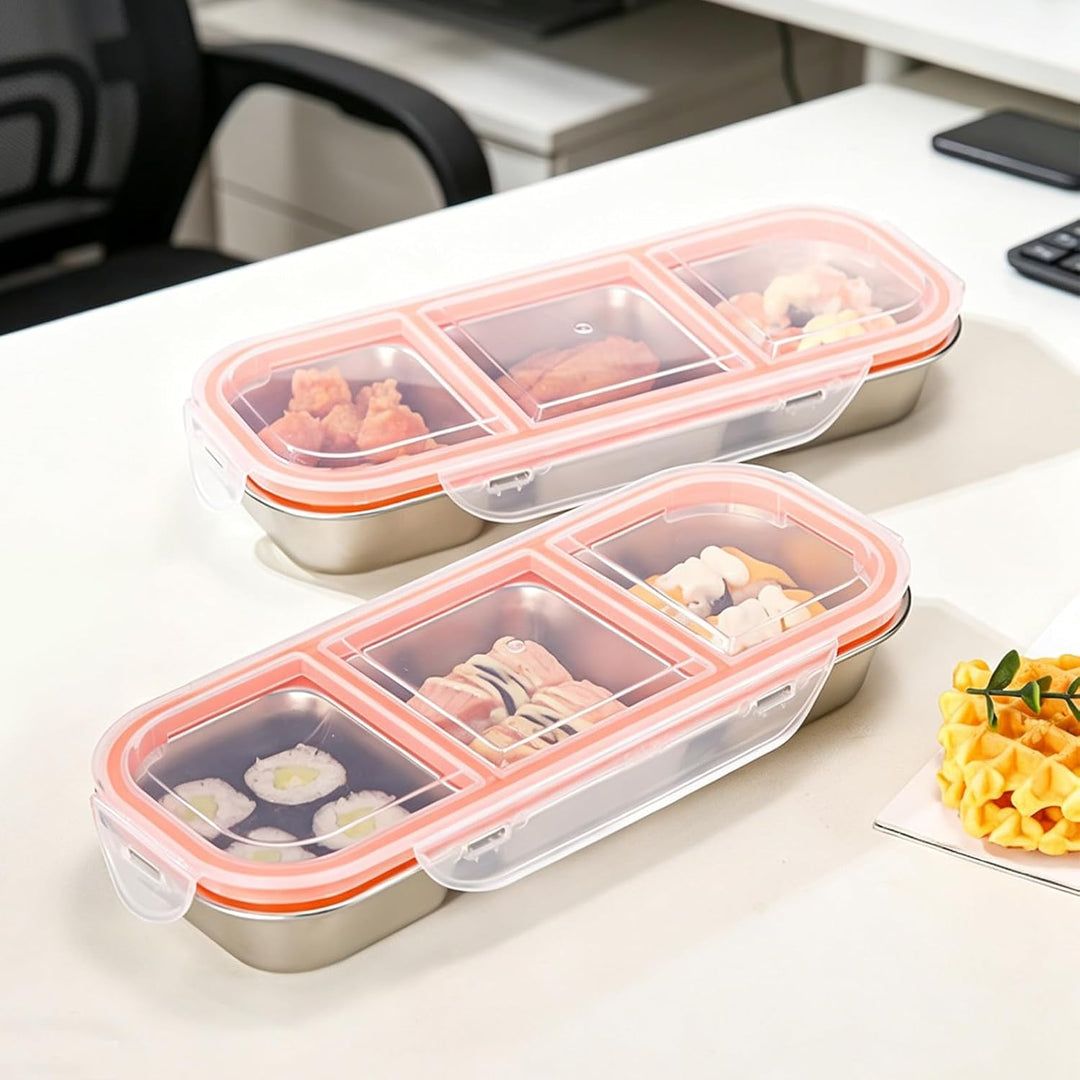 BYZESTY Snackbox mit 3 Fächern, 4er Set Edelstahl Snackbox, Snackbox mit Fächern, Auslaufsicher Snac