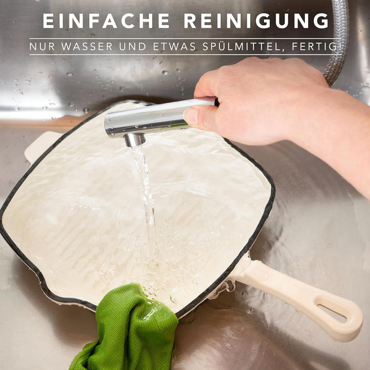 Römertopf Gusseisen Grillpfanne eckig 24 cm – Steakpfanne Emaille-Beschichtung, alle Herdarten inkl.