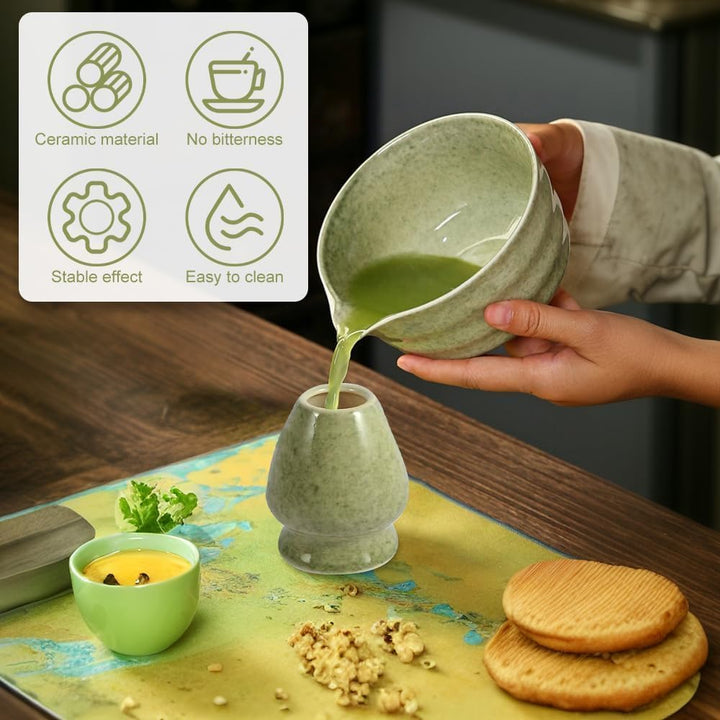 5 Stück Matcha Set, Bambus Matcha Besen, Keramik Matcha Schale mit Ausgiesser, Matcha Whisk, Schaufe