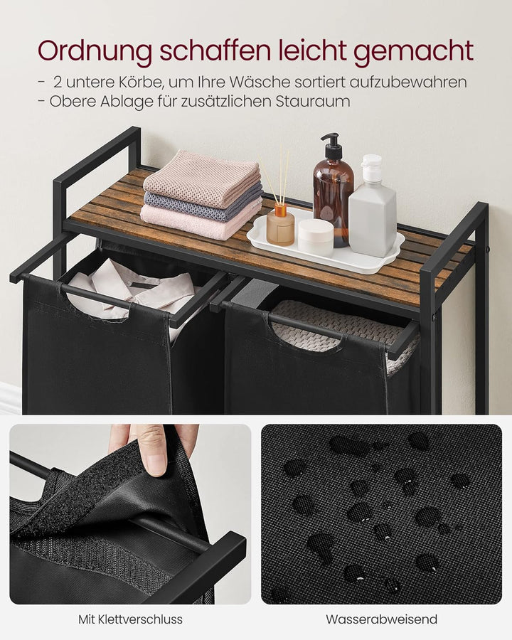 VASAGLE Wäschekorb 2 Fächer, Wäschesammler mit Ablage, Wäschebox, Wäschesack aus Oxford-Gewebe abneh